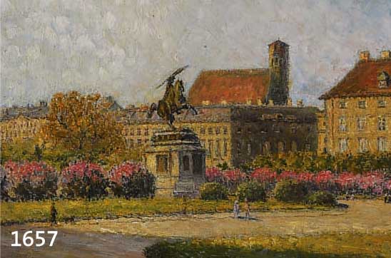 CZERMAK, GISELA, GEB. 1871 IN WIEN - 1956, SOMMERLICHER PARK MIT BLÜHENDEN BÜSCHEN, SPAZIERGÄNGERN UND REITERSTATUE VOR STADT- KULISSE (WOHL ...