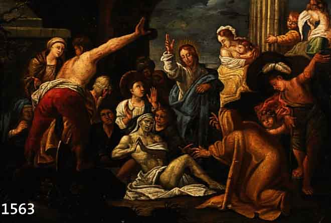 ITALIENISCHER KÜNSTLER DES 17. JHD., DIE AUFERWECKUNG DES LAZARUS, VIELFIGURIGE SZENE, QUALITÄTVOLLE MALEREI, ÖL/HOLZ, UNSIGN., VERSO MIT ALTEM ...
