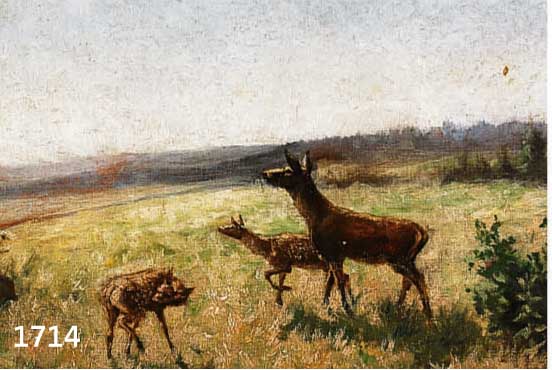 JAGDMALER DES 19. JHD., RICKE MIT IHREN KITZEN AUF EINE LICHTUNG TRETEND, ÖL/LWD./MAL- KARTON, SCHWER LESBAR SIGN., LI. AUF DEM FELS- EN C. ...