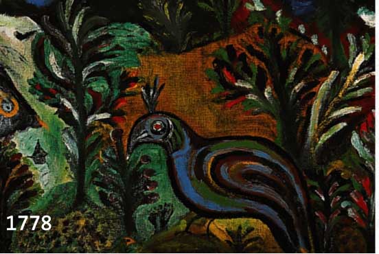 JOOS, MOSER, NAIVE KÜNSTLERIN, TÄTIG UM 1960, VERTRETERIN DER ART BRUT, EXPRESSIVE PHANTASTISCHE LANDSCHAFT MIT PARADIESVOGEL, ÖL/GROBER LWD., ...