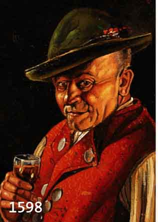 MÜLLER, FRITZ, GEB. 1879 MAINZ, MÜNCHENER GENREMALER, ÄLTERER HERR MIT ROTER WESTE UND GRÜNEM HUT BEIM GENIESSEN EINES GLASES WEIN, ...