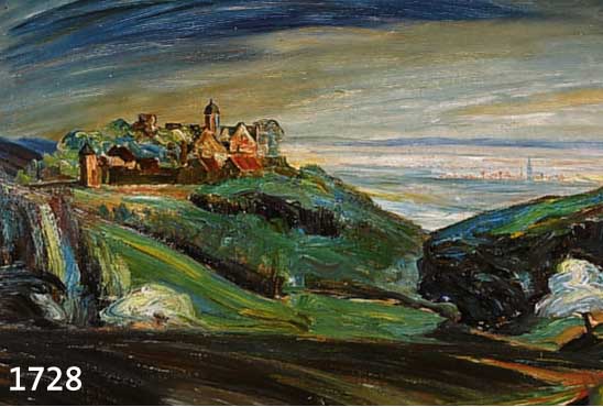 NEUFANG, A., EXPRESSIONIST UM 1928, HÜGELIGE LANDSCHAFT MIT KLEINSTADT, ÖL/MAL- KARTON, SIGN., U. LI. U. DAT. (19)28, 55 X 60 CM, R.