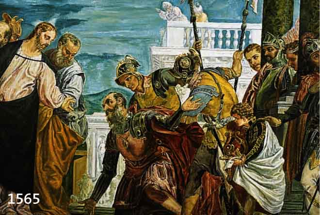 UNBEK. KÜNSTLER DES 19. JH., KOPIE NACH VERONESES ORIGINAL IM MADRIDER PRADO: JESUS UND DER HAUPTMANN VON KAPERNAUM, ÖL/LWD., SIGN. U. LI. E. ...