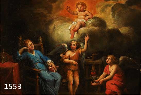 UNBEKANNTER MALER, DEUTSCH, UM 1870, SCHALFENDE VON PUTTI UMRINGT, ÖL/HOLZ, KLEINERE FARBABREIBUNGEN AM RAND, CA. 22 X 27 CM, ECHTVERGOLDETER ...