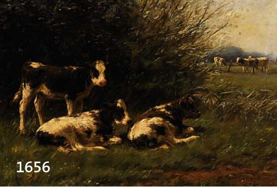 Engel, Frederik, 1872 Koog an de Zaan-1958 Zutphen, KÜhe auf der Weide am Waldrand, Öl/Lwd, rest., re. u. sign. und dat. 1910, ca. 32 x 42 cm, R.