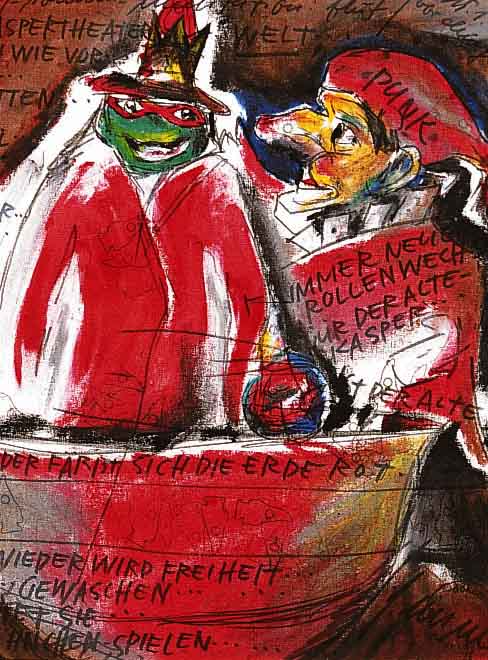 Cassel, Wilhelm Georg, geb. 1927, Und immer wieder fÄrbt sich die Erde rot, Enkaustik-Arbeit (aufgebÜgelte Farben) mit Schrift, von 1991, ...