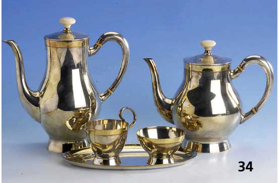 5-teil. Kaffee- und Teeset, deutsch, Grimminger, 925er Silber, teilvergoldet, best. aus: Kaffee- und Teekanne (Griffe mit DÄmmringen), ...