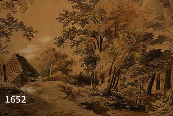 TEN BERGE, BERNARDUS GERARDUS, 1825 ALKMAAR- 1875, WALDLANDSCHAFT MIT HÜTTE, AQUARELL IN VERSCH. BRAUNTÖNEN, LI. U. MONOGR. UND DAT. 1843, CA. ...