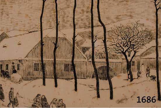 Orlik, Emil, 1870-1932, Dorf im Winter, Personen beim Spaziergang, Radierung, re. u. sign., ca. 29 x 35 cm, u.Gl., R., stockfleckig