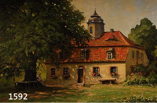 PRÄTORIUS, KARL OTTO, GEB. 1877 CRIMMITSCHAU, LANDHAUS IM FRÜHLING, FRAU UNTER GROßEM BAUM, ÖL/LWD, LI. U. SIGN. UND BEZ. CHEMNITZ, CA. 70 X ...