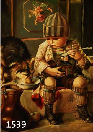 Ballabene, Rudolf Raimera, 1890 Zurndorf - 1968 Wien, Öl/Lwd., Milch Öffelnder Knabe mit Hund, monogrammiert, re. oben restauriert, 55 x 45 cm