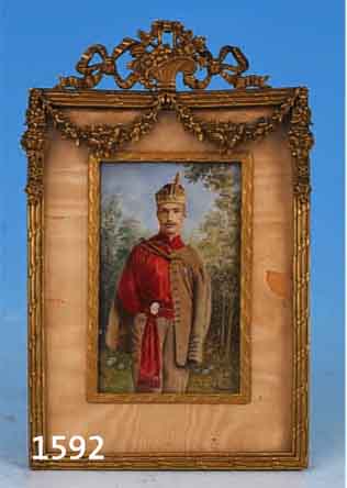 MINATURMALEREI AUF ELFENBEIN, UM 1900, SIGN. T. COMPKA, ELFENBEIN, SEHR FEINER QUALITÄTVOLLE MALEREI, JUNGER MANN IN UNIFORM, IN FLORAL ...