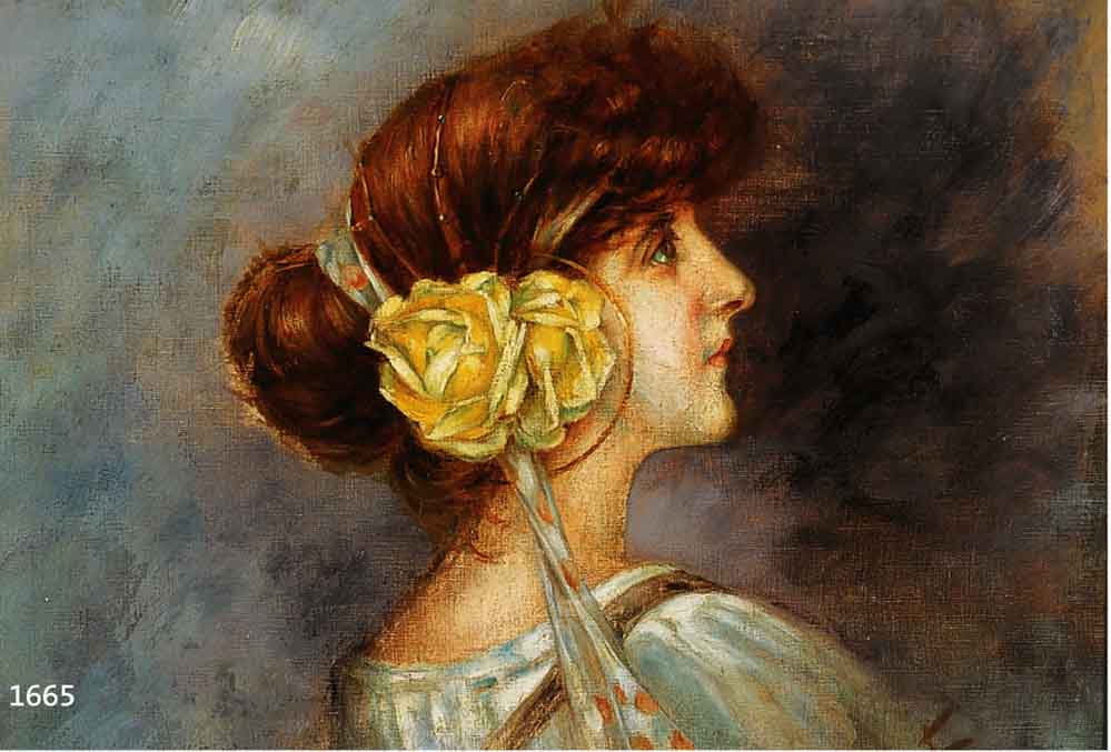 TOUSSAINT, FERNAND, 1873-1955, PROFILPORTRÄT EINER JUNGEN FRAU MIT GELBER BLUME IM HAAR, ÖL/LWD, RE. U. SIGN., CA. 39.5 X 49.5 CM, R.