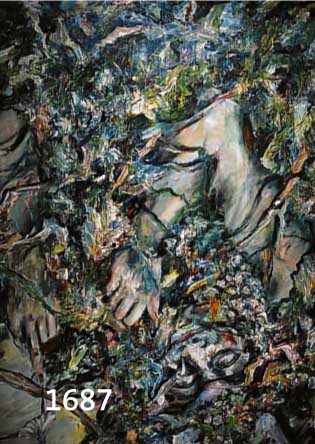 FRIELING, FLORIAN, 1939-1994, BACCHUS VON WEINLAUB UMGEBEN UND MIT TÄNZERIN AUF DEM FINGER, ÖL/LWD, RE. U. SIGN. UND DAT. 82, CA. 120 X 100 CM, ...