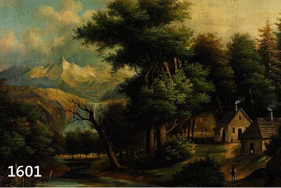 MONOGRAMMIST KL, DAT. 1867, ÖL/LWD., ROMATISCHE LANDSCHAFT, HÜTTE MIT PERSONEN AM SEE, 55 X 69 CM, RAHMEN, ALTERS- SPUREN