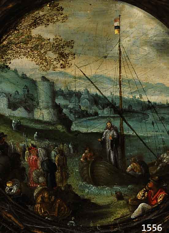 Unbekannter flÄmischer Meister, um 1560, Christi Predigt am See Genezereth, feine lasierende Malerei in Öl/Papier/Karton, mittig unten ...