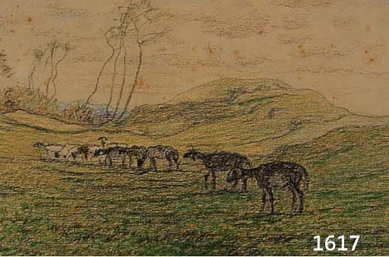 STEPPES, EDMUND, GEB. 1873 BURGHAUSEN, SCHÜLER VON KNIRR UND DER AKADEMIE MÜNCHEN, HIER: SCHAFE AUF DER WEIDE, BLEI- UND BUNT- STIFTZEICHNUNG, ...