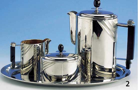 Kaffeeset, WMF um 1920, reines Art-Deco, geometrisches Dekor, Metall verchromt, teil- satiniert, teilvergoldet, best. aus Kaffee- kanne, ...