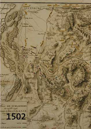 2 BLATT MIT SCHLINGEN BEI KANDER, 1.) ALT- KOLOR. LITHO. KARTE V. JOMINI A. H. DE ATLAS POUR HISTORIE CRITIQUE ET MILITARE PARIS, CA. 1823, ...