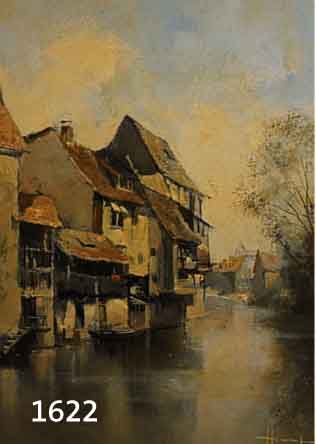 IMPRESSION. LANDSCHAFTSMALER, MITTE 20. JH., HÄUSERZEILE IN EINER KLEINE STADT AM FLUSS, ÖL/HARTFASER, UNLESERL. SIGN. H..., 50 X 40 CM, R.