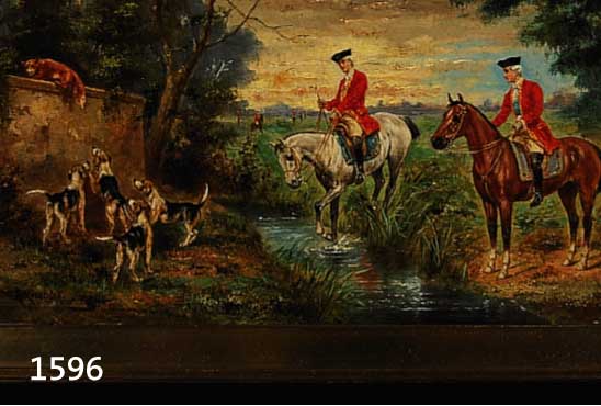 KIENBÖCK, R., JAGDMALER DES 19./20. JH., FUCHSJAGD, REITER MIT HUNDEMEUTE AM BACH BEIM STELLEN DES FUCHSES, ÖL/HOLZ, SIGN., CA. 15.5 X 31.5 CM, ...