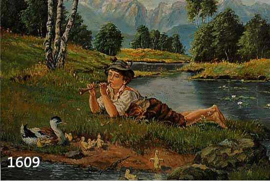 KLEIN, E., MITTE 20. JH., FLÖTENSPIELENDER KNABE MIT TRACHTENHUT UND ENTENFAMILIE AM BACHUFER, ÖL/HARTFASER SIGN. U. RE., 50 X 60 CM, R.