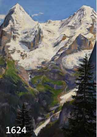 MEIJER, FRITZ, 1900-1967, SCHWEIZER LANDSCHAFTSMALER, SCHNEEBEDECKTE BERGGIPFEL HINTER TANNEN. ÖL/HARTFASER, SIGN., U. RE. UNLESERLICH BEZEICHNET, ...