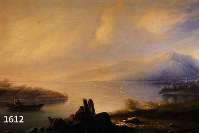 ROMANTIKER UM 1846, GEBIRGSSEE IM MORGENDLICHEN NEBEL MIT RUDERBOOT UND PERSONENSTAFFAGE, FEINE, QUALITÄTVOLLE MALEREI, ÖL/LWD., DAT. 1846, 62 X ...