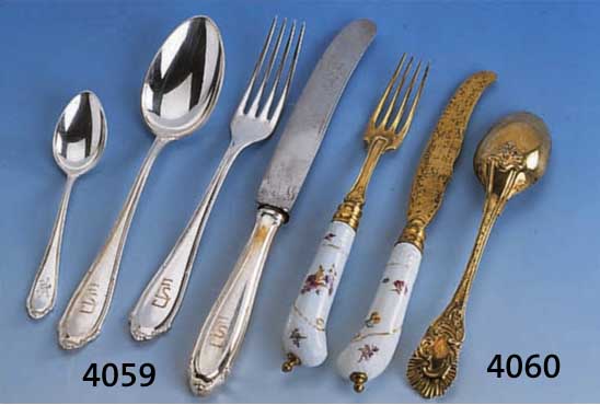 43-teiliges Besteck, deutsch, 30er Jahre, Vereinigte SilberwerkstÄtten, Bremen, Bes.-Monogr. versch., best. aus: 12 Messer (Griffe gefÜllt, ...