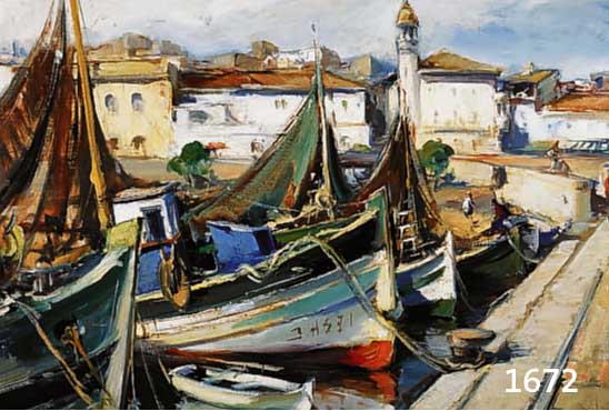 SARQUELLA ESCOBET, JOSEP, GEB. 1928 SPANIEN, INTERNATIONAL GE- SCHÄTZTER SPANISCHER KÜNSTLER, HIER EIN FRÜHES WERK UM 1950: MEDITERRANER HAFEN ...