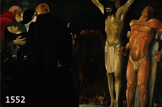 UNBEK. KÜNSTLER ANF. 20. JH., QUALITÄTVOLLE KOPIE NACH FRANZ STUCK, KREUZIGUNGSSZENE, ÖL/LWD. (L. VERSCHMUTZT), NAME DES KOPISTEN UNLESERL. ...