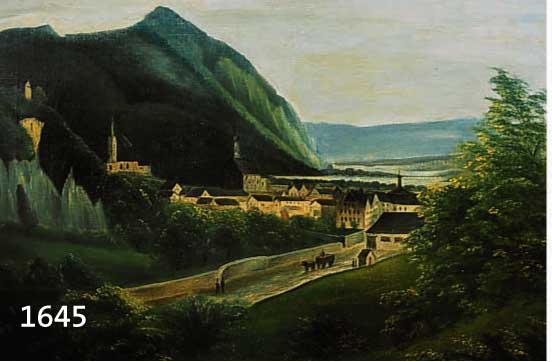 UNBEK. KÜNSTLER DES 19. JH., IN BIEDER- MEIERLICHER TRADITION, LANDSCHAFTSDARSTELLUNG MIT STADTANSICHT AM FUSSE EINES BERGES MIT ...