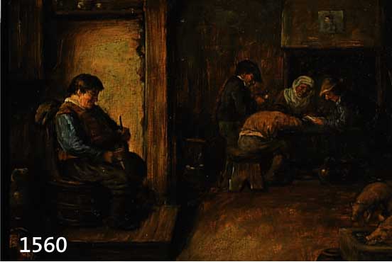 UNBEK. KÜNSTLER DES 19. JH., BAUERNHOFINTE- RIEUR MIT BAUER AUF EINEM FASS SITZEND, BAUERSLEUTEN AM TISCH UND SCHWEINEN, DANEBEN FUTTERTROG, ...
