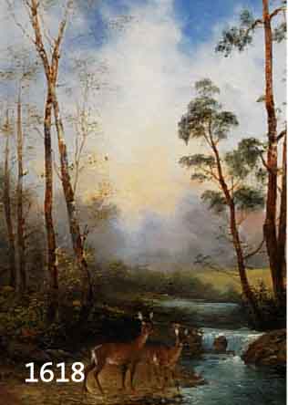 WOLSTER, A., JAGDMALER DES 19. JH., REHBOCK UND REH IN DER MORGENDÄMMERUNG AN EINEM WALDBACH, ÖL/LWD. (ALTERSBEDINGT KRAKELIERT), SIGN., 46 X 31 ...