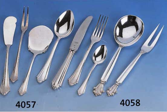 VorlegelÖffel und Gabel, GEORG JENSEN, DÄnemark, Entwurf 1928, Ausform. 50er Jahre, 925er Silber, Modell Acanthus, sammelw.