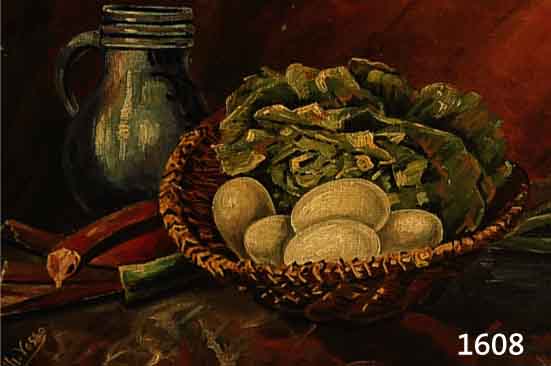 VOSS, WILHELM, 1. HÄLFTE 20. JH., STILLEBEN MIT KRUG, EIERN UND SALAT, ÖL/MAL- KARTON, LI. U. SIGN., CA. 28 X 42 CM, R.
