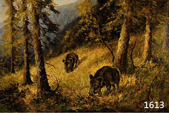 Unleserlich signiert, wohl 30er Jahre, Wildschweine in Waldlandschaft, Öl/Lwd., 60 x 80 cm, Rahmen