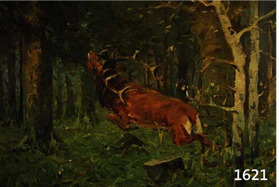 BODE, ADOLF, GEB. 1904, SPRINGENDER HIRSCH IM WALD, ÖL/LWD, RE. U. SIGN., CA. 60 X 75 CM, R.