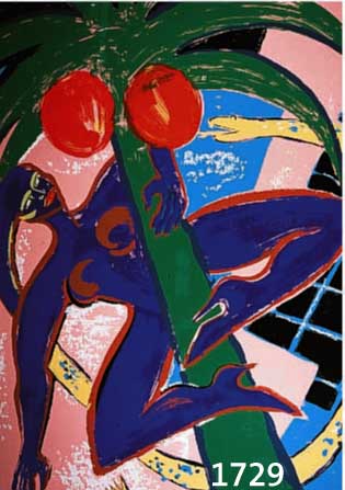 BACH, ELVIRA, GEB. 1951, FRAU MIT SCHLANGE UND PALME, FARBSIEBDRUCK, HANDSIGN. UND NUM. 77/90, CA. 105 X 78 CM