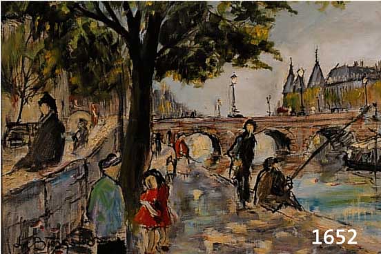 BJORGSTEDT O. Ä. MITTE 20. JH., ANGLER UND PASSANTEN AM SEINE-UFER IN ÖL/LWD SIGN., 45 X 55 CM, R.