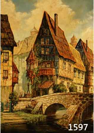 BRÜGGEMANN, HERMANN, GEB. 1884 IN BERLIN, BLICK AUF FACHWERKALTSTADT AM FLUSS HINTER EINER ANSICHT DER ALTSTADT VON NÜRNBERG, STEINBRÜCKE MIT ...