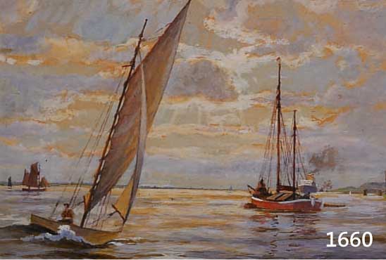 BURGHARDT, PAUL, GEB. 1898 IN DÖBELN I. SA. , SCHUF ZAHLREICHE HAFEN UND MARINEBILDER, MEHRERE SEGELBOOTE, AM HORIZONT EIN DAMPFER VOR DER ...