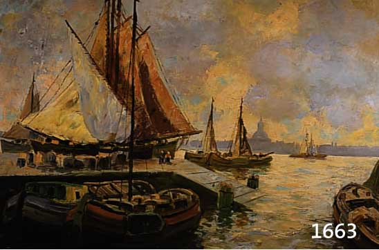 DEDERICHS, JOSEF, KÖLNER KÜNSTLER, NACHGE- WIESEN NOCH UM 1930, HAFEN MIT SEGELBOOTEN, IM HINTERGRUND DIE SILHOUETTE EINER STADT, ÖL/LWD SIGN., ...