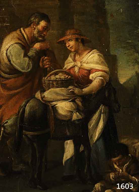 ITALIEN. MEISTER DES 17. JH., ELTERNPAAR MIT BEPACKTEM ESEL IN LANDSCHAFT, WOHL DIE HL. FAMILIE DARSTELLEND, ÖL/LWD., 65 X 51 CM, R.