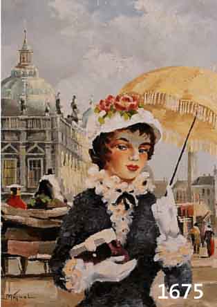 MIQUEL, MITTE DES 20. JH., IMPRESSIONIST, DAME MIT SONNENSCHIRM UND HANDTASCHE VOR PFERDEKUTSCHE AUF EINEM SCHLOSSPLATZ, ÖL/LWD. SIGN. 46 X 36 ...