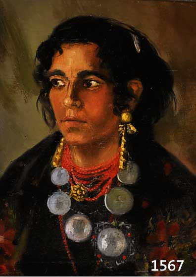 UNBEK. KÜNSTLER UM 1920/30, WOHL UNG. SCHULE , PORTRÄT EINER REICH GESCHMÜCKTEN JUNGEN ZIGEUNERIN, ÖL/LWD. UNSIGN., 50 X 40 CM, R.
