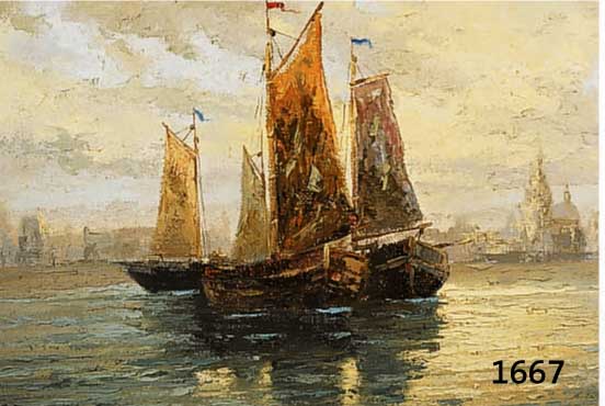 VON STAADEN, HOLLÄNDISCHER KÜNSTLER MITTE 20. JH., FISCHBOOTE VOR STADTKULISSE IN DER MORGENDÄMMERUNG, ÖL/LWD. SIGN. 50 X 100 CM, R.