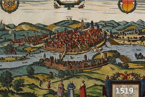 PRACHTVOLL KOLOR. KUPFERSTICH AUS BR. U. HOGENBERG, CA. 1575, SCHWÄBISCH HALL ÜBER DIE KOCHER "HALA AD COCHARUM", 32,3 X 48 CM, ...