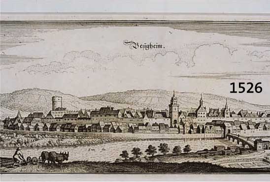 KONVOLUT VON 2 BLATT MIT ANSICHTEN VON BESIGHEIM UND UMGEBUNG, BESTEHEND AUS 1.) KUPFERSTICH V. M. MERIAN, GA BESIGHEIM BADEN WÜRTTEMBERG, 12 X ...