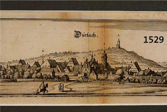 KONVOLUT VON 4 BLATT MIT DURLACH UND UMGEB- UNG, BESTEHEND AUS 1.) KUPFERSTICH V. M. MERIAN, DURLACH; 2.) STAHLSTICH AUS HILDBURGH, GA CARLSRUHE 11 ...